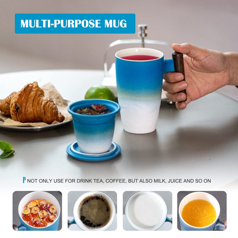 suyika Tomotime Ceramic Tea Cup with Infuser and Lid Tea Mugs Wooden Handle 400ml/13.5oz (Cyan blue) - Image 4